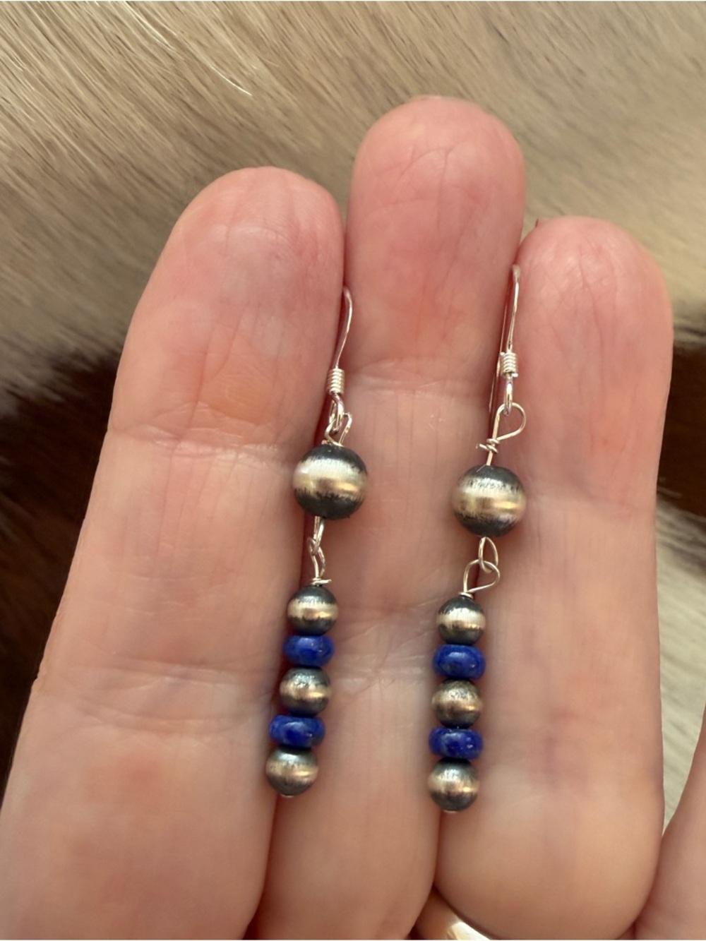 ❤️ Native Artisan Lapis Luzuli Navajo Desert Pearls Sterling Dangle Earrings USA - Picture 5 of 8